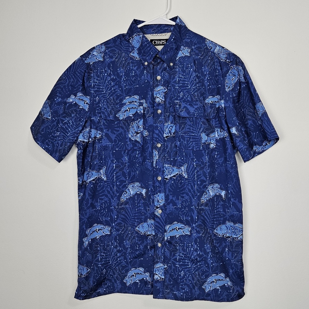 Chaps Fishing Shirt Men's Sz M Short Sleeve Button Down Vented‎ Blue Fish Camp
